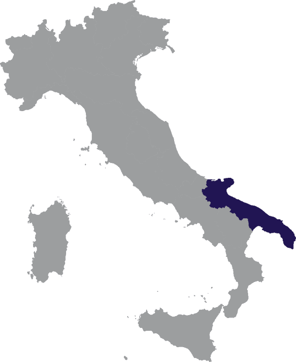 Landkaart Italië grijs met regio Apulië - Puglia donkerblauw op transparante achtergrond - 600 * 733 pixels